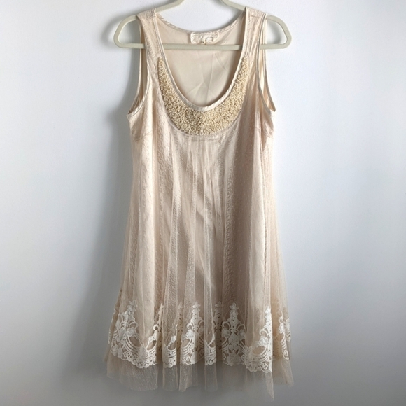 CREAM Slip Dress with Mesh and Lace Overlay M Coquette Lingerie Style - Picture 1 of 12